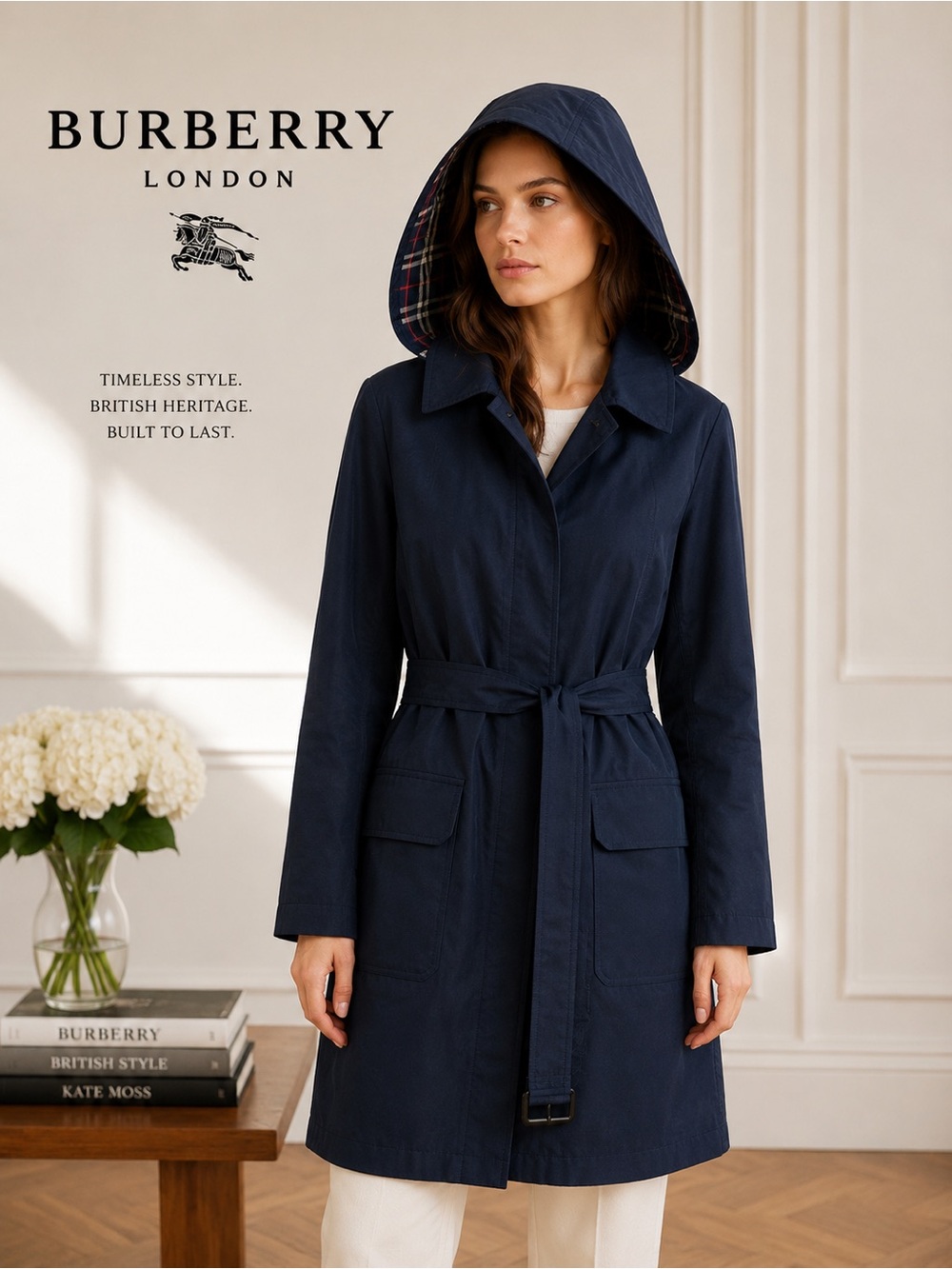 Burberry London Rain Jacket Trench Coat Removable Hood Belted Navy Women’s